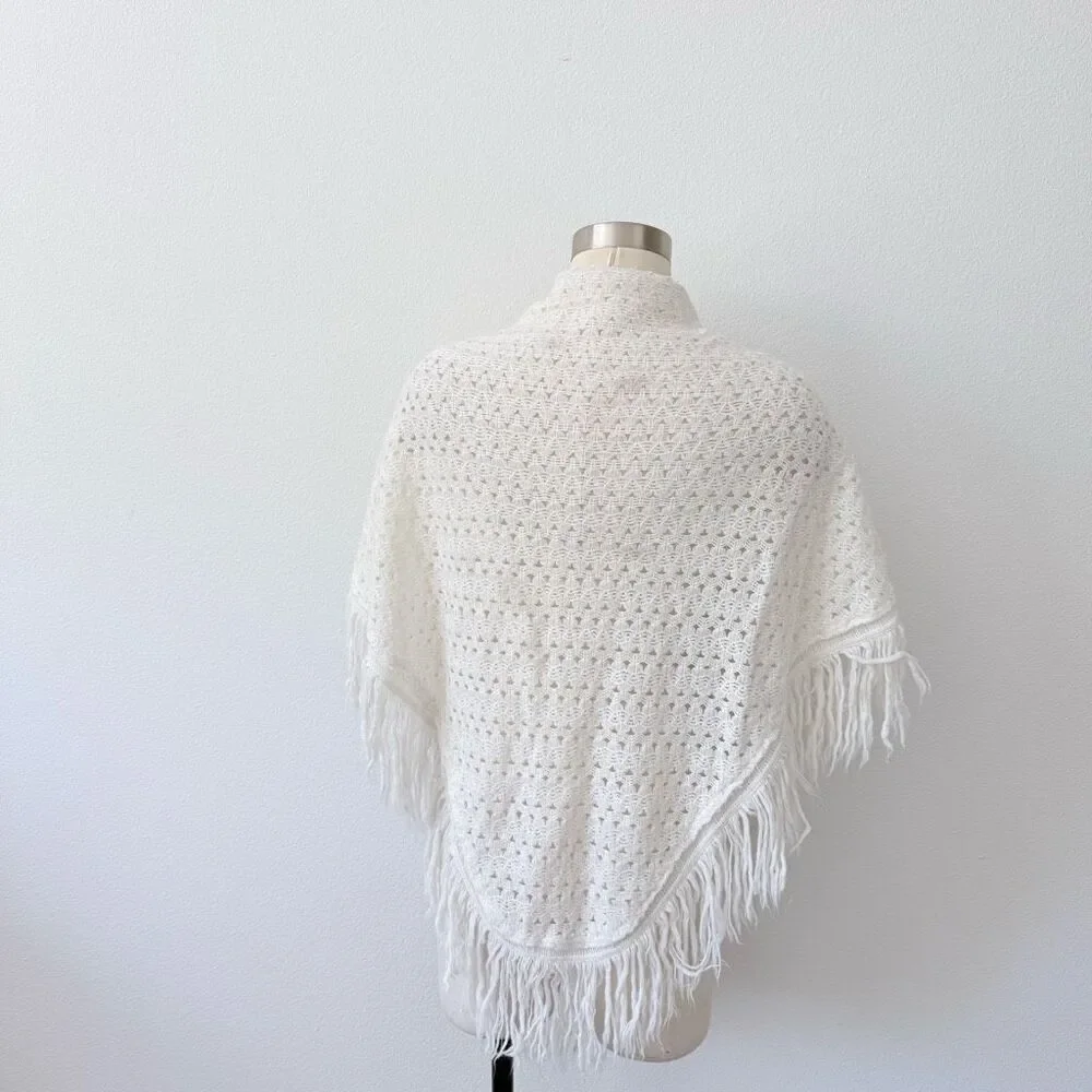 White Knit Crochet Fringe Tassel Shawl Scarf Open Drape Boho